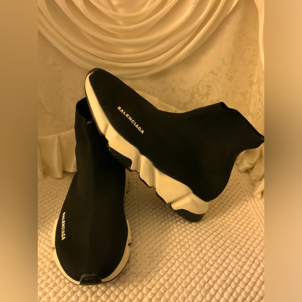 Balenciaga Black Knit Sneakers with White Soles